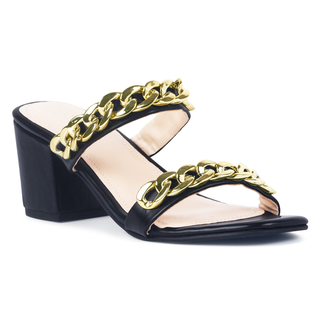 BLACK BLOCK HEEL SLIDE SANDALS - Black