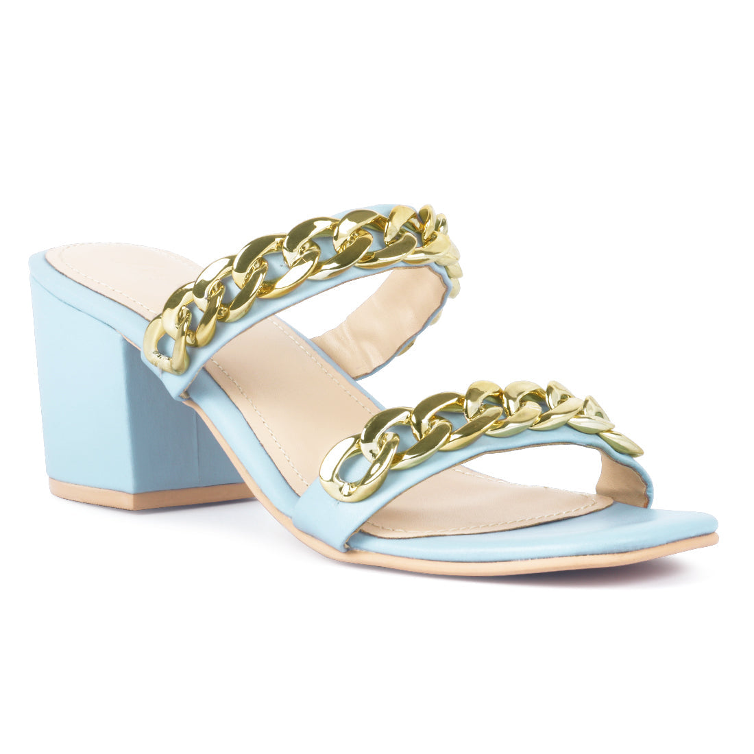 BLUE BLOCK HEEL SLIDE SANDALS - Aqua Blue