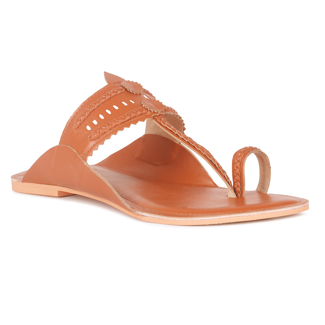 Handcrafted Tan Cut Work Kolhapuri Flats - Tan