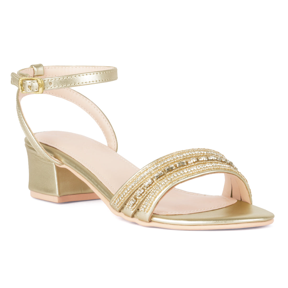 HANDCRAFTED STUDDED BLOCK HEELED SANDALS IN GOLD - Gold