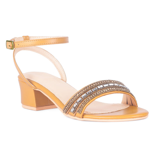 HANDCRAFTED STUDDED BLOCK HEELED SANDALS IN MUSTARD - Mustard