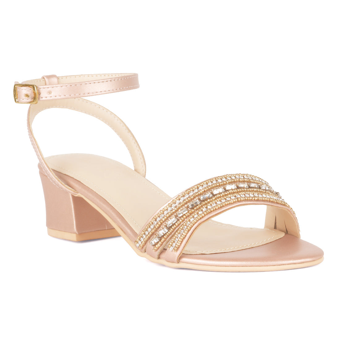 HANDCRAFTED STUDDED BLOCK HEELED SANDALS IN ROSE GOLD - Rose Gold