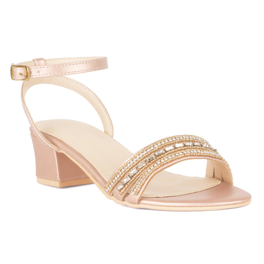 HANDCRAFTED STUDDED BLOCK HEELED SANDALS IN ROSE GOLD - Rose Gold
