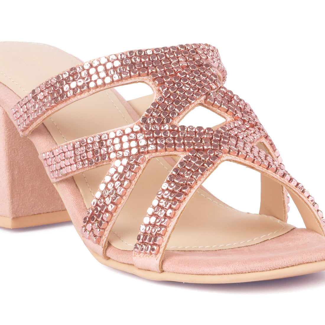 Blush Shiny Stud Handcrafted Block Heeled Satin Sandals - Blush