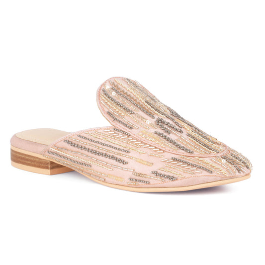Blush Satin Embellished Handcrafted Mules - Blush