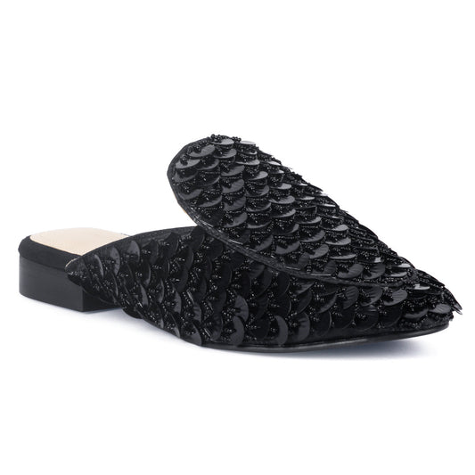 Black Sequin Embellished Handcrafted Mules - Black