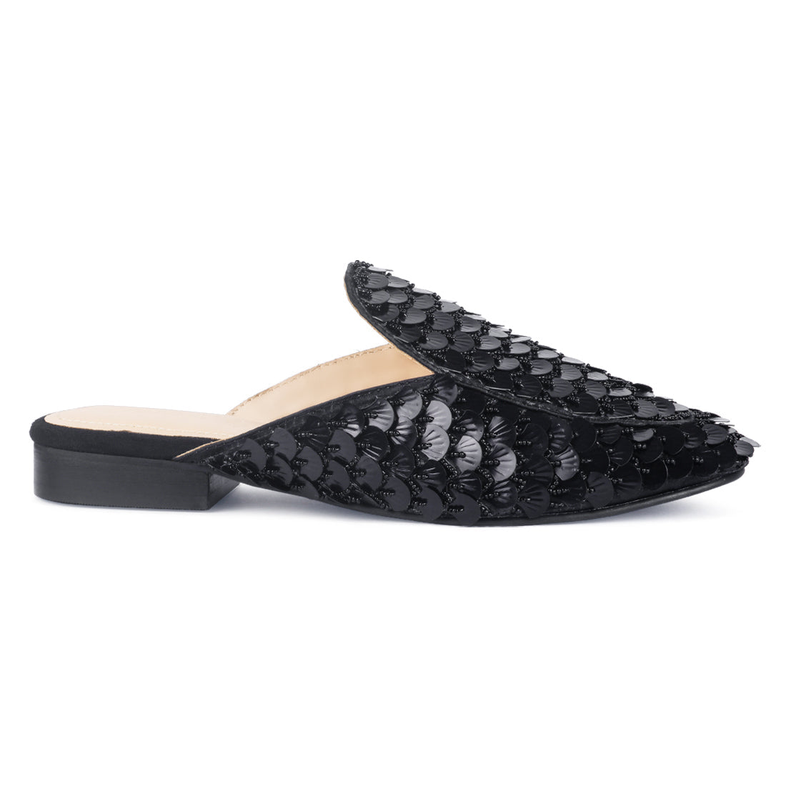 Black Sequin Embellished Handcrafted Mules - Black