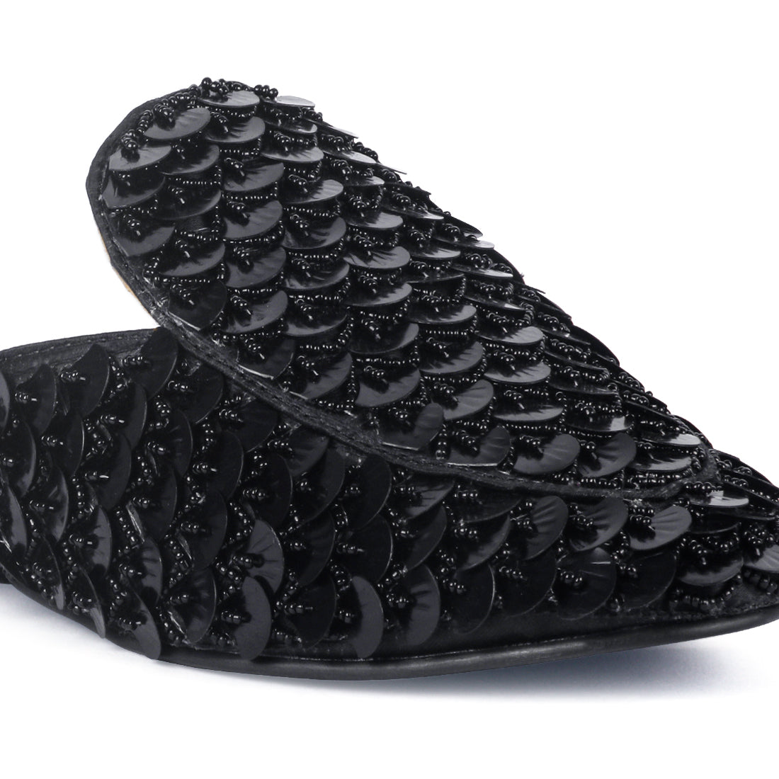 Black Sequin Embellished Handcrafted Mules - Black