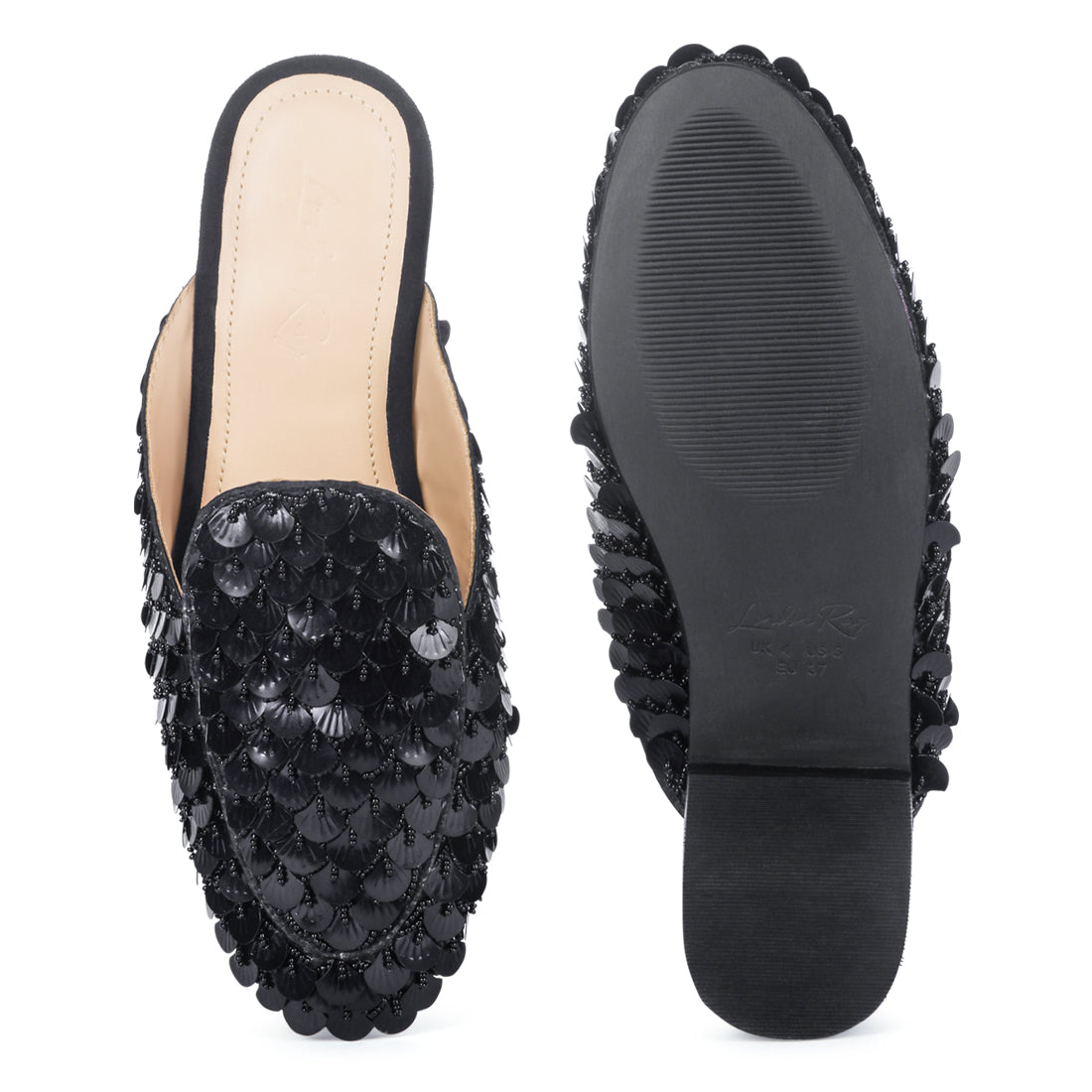 Black Sequin Embellished Handcrafted Mules - Black