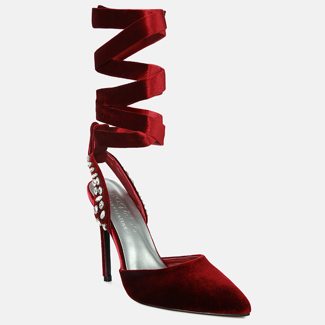 Burgundy Velvet Diamante Stud Tie Up Sandals