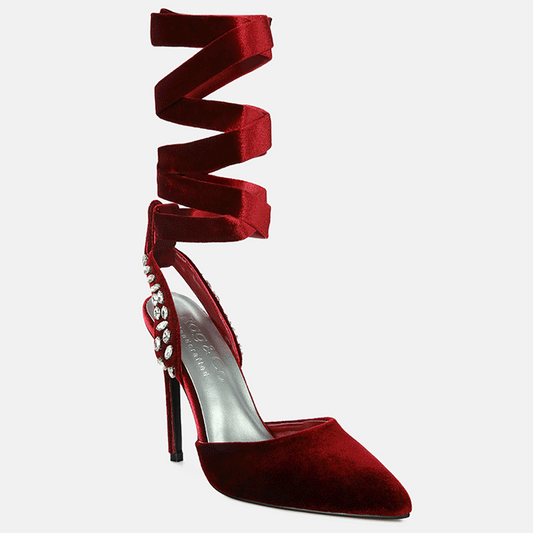 Burgundy Velvet Diamante Stud Tie Up Sandals
