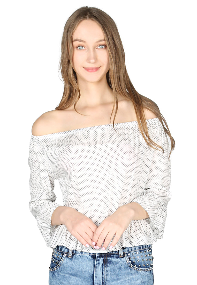 White Polka Dot Off Shoulder Top - White