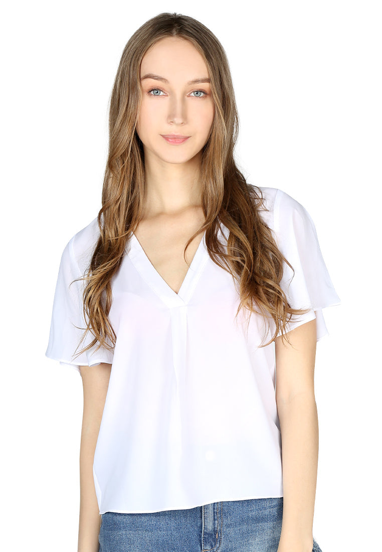 White Short Bell Sleeve V Neck Casual Top - White
