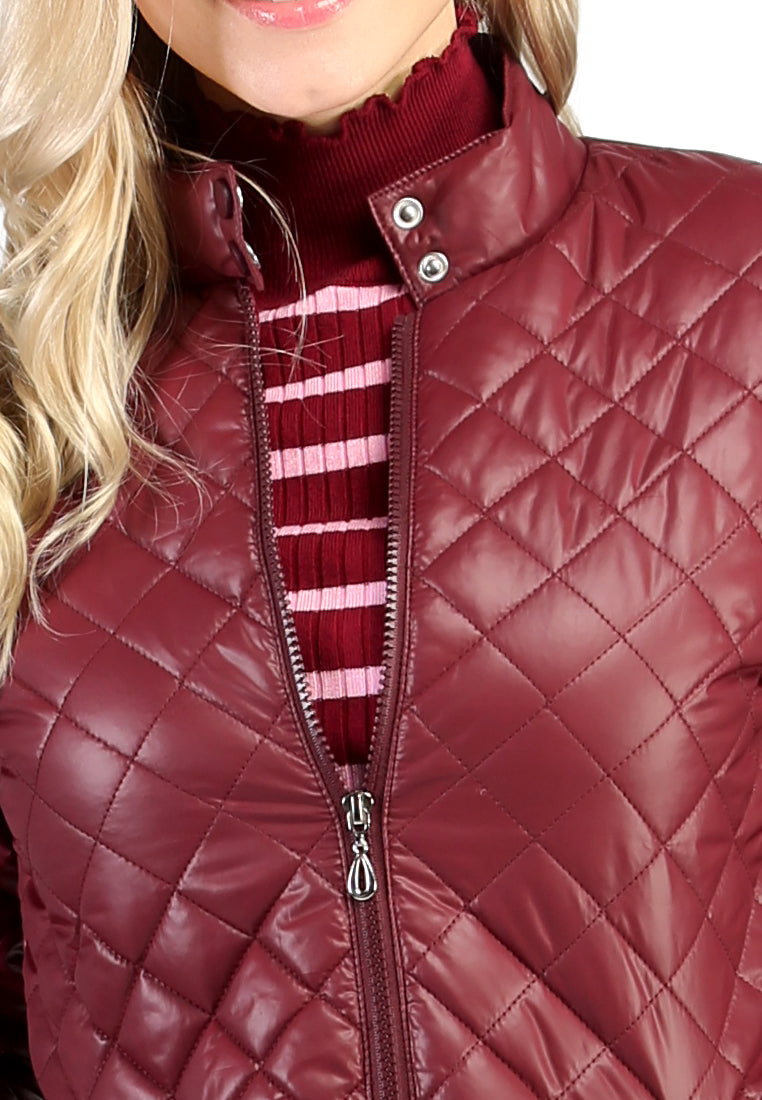 Burgundy Puffer Jacket with Zip Closure - Burgundy